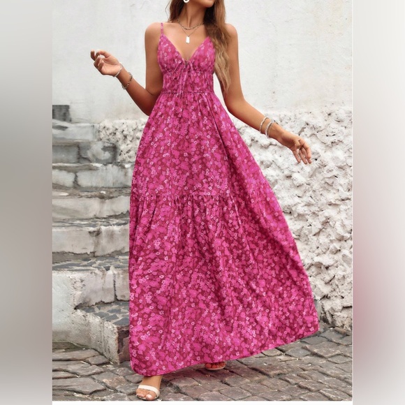 Boho Floral V-Neck Dress With Ruffle Wide Hem Pink - Picture 1 of 9